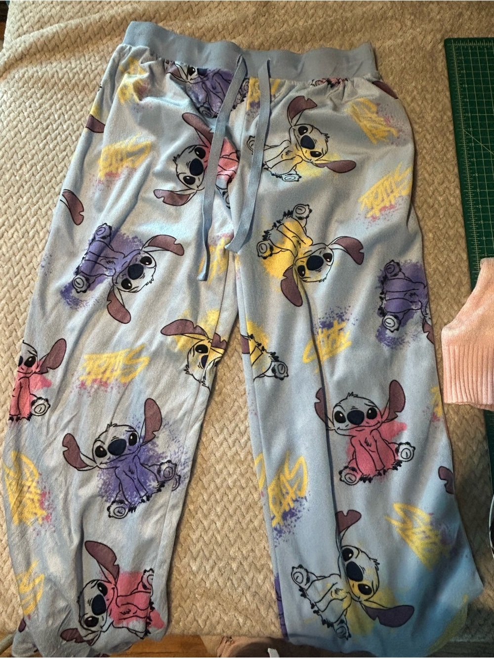 Disney Light Blue Stitch Pattern Pajama Pants with Pink Purple Yellow Accents